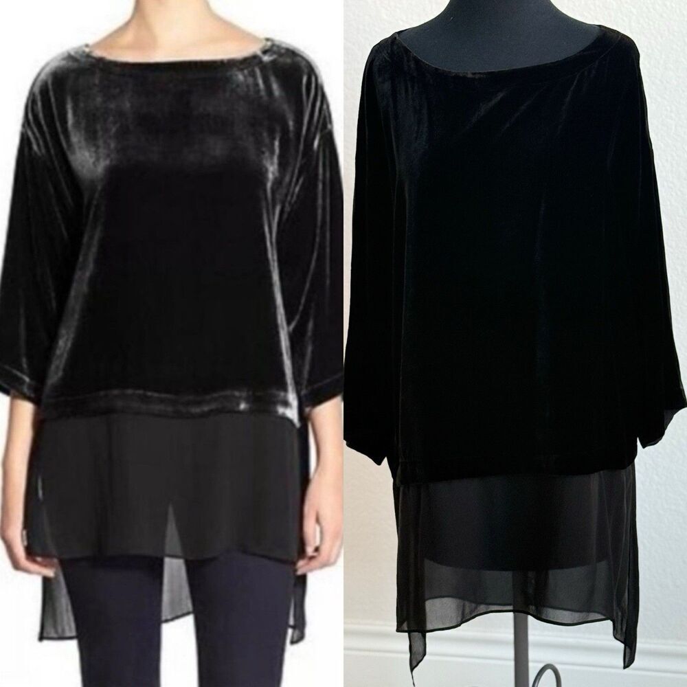 Eileen‎ Fisher Bateau Neck Velvet BLACK Tunic Top Sheer Silk Hem Women’s S/P
